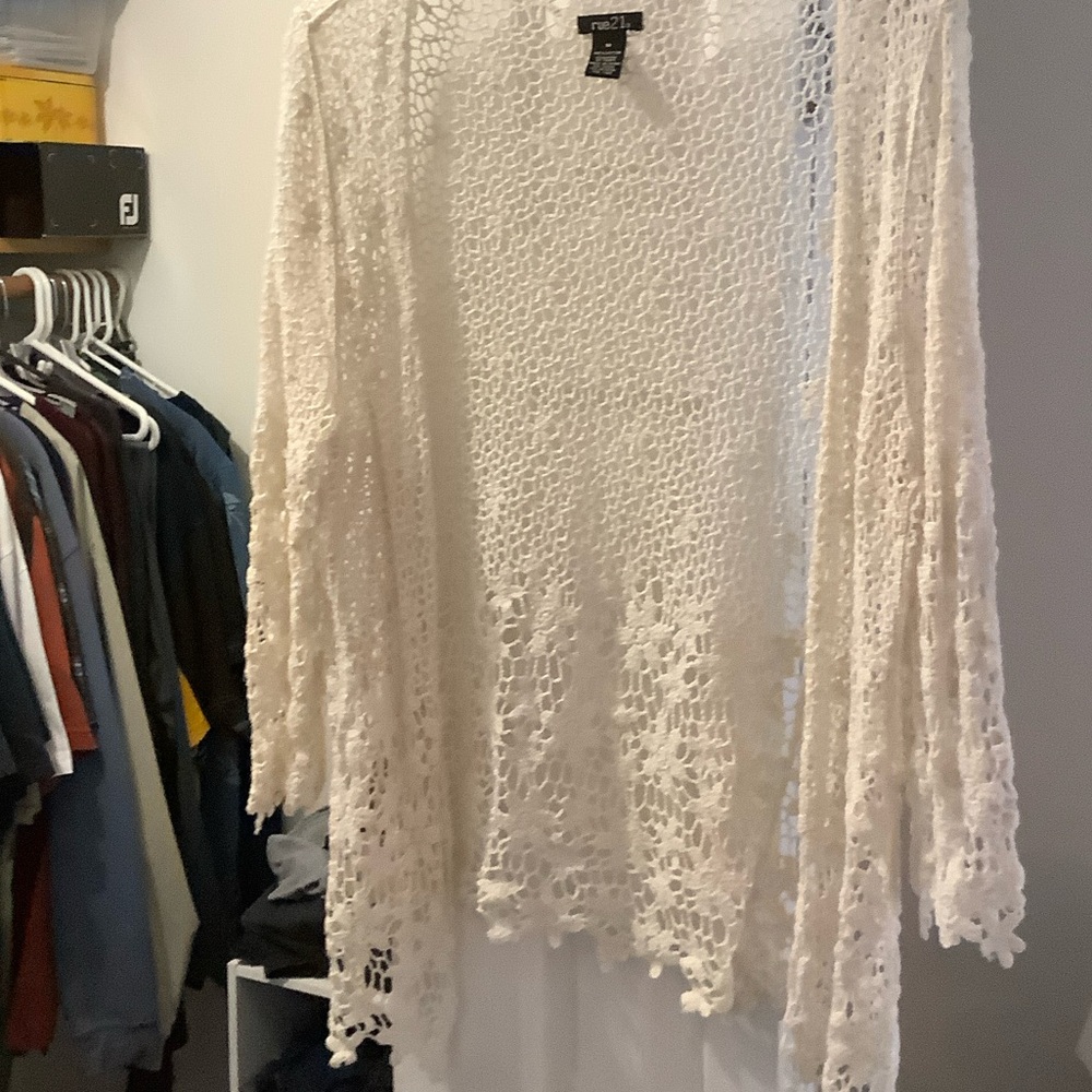 Rue 21  Ivory Crochet Open-Front Cardigan